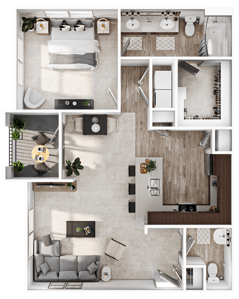 Floor plan for 1 bed, 1.5 baths, 866 sqft